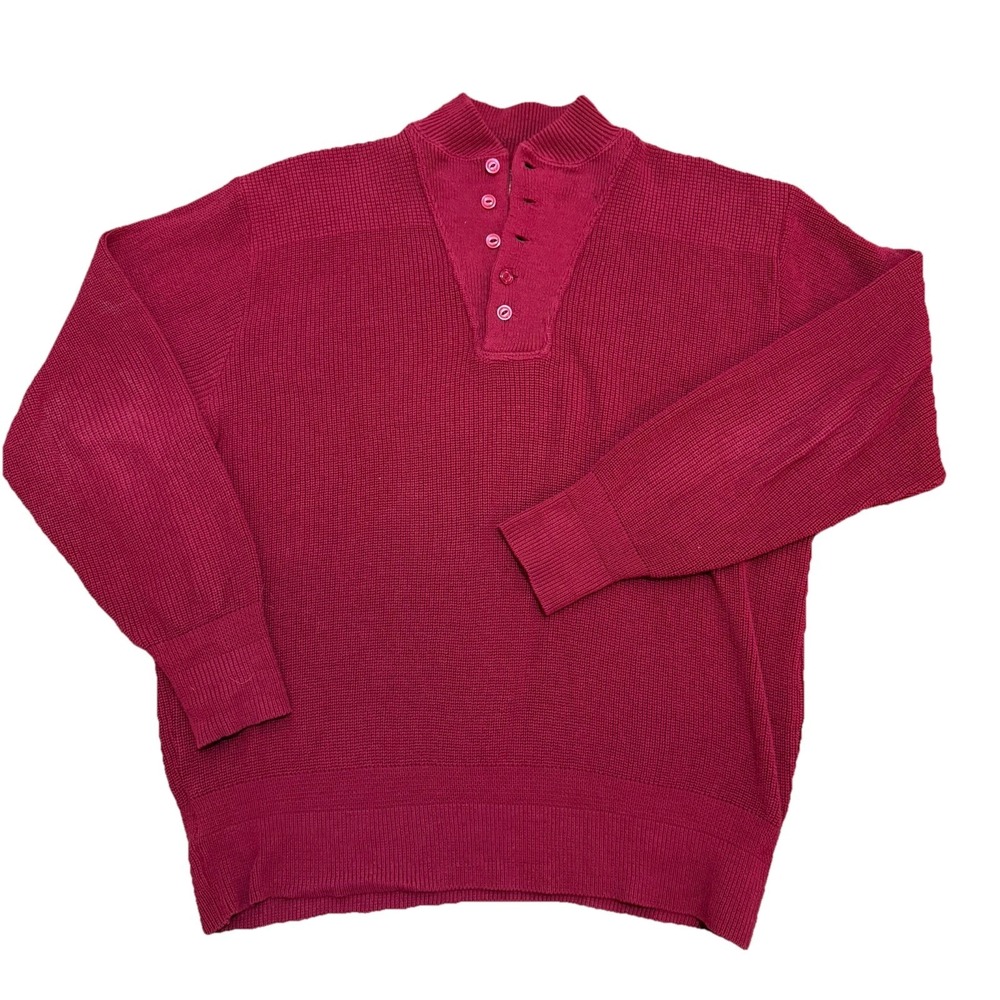 Vintage 100% Cotton Knit LL‎ Bean Henley Sweater Red USA Mens XL